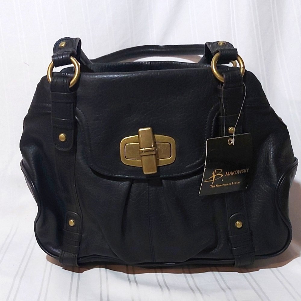 16. B. Makowsky Black Satchel with Gold Accents